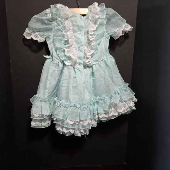 Vtg Mini World Baby Girl Dress Suiss Dot Sheer Ruffle Lace Lt Blue USA